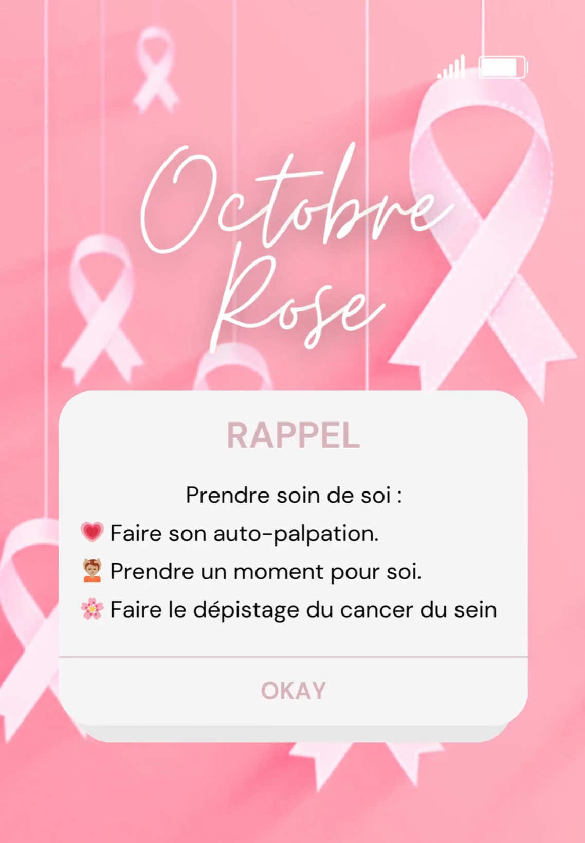 🔔 Rappel du mois : Prends soin de toi 💗 Octobre Rose, c’est le moment de te rappeler que le bien-être, c’est aussi la santé. 💆🏽 Fais une pause. 🌸 Écoute et observe ton corps. 🤍 Pense à la prévention. Chaque geste compte pour ta peau, pour ton bien-être, pour ta santé. #OctobreRose #SelfCare #BeautyTok #CleanBeauty #SantéDesFemmes   