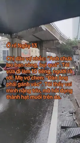 Ở rể Ngày 13 Chị dâu vợ nhắc: “Anh chưa lau ban công, bụi quá”. Tôi vừa đi làm 10 tiếng, người rã rời. Mẹ vợ chen: “Đàn ông phải gánh vác”. Tôi thấy vai mình nặng trĩu, mồ hôi đọng thành hạt muối trên da.#nhatkyore #lythan #honnhangiadinh #lyhon #lyhondonphuong 