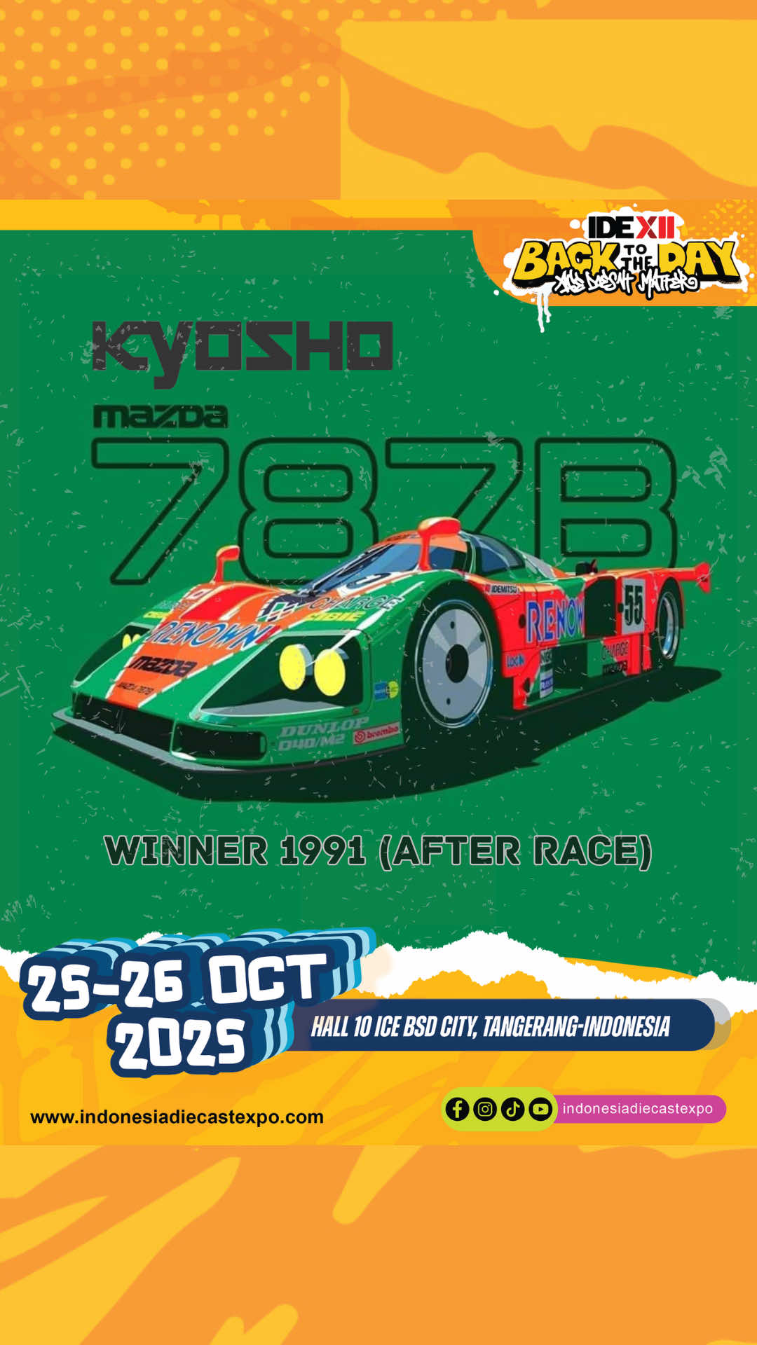 Kyosho menghadirkan Mazda 787B Winner 1991 (After Race) secara eksklusif di Indonesia Diecast Expo XII! Mobil legendaris ini—yang membawa Mazda meraih kemenangan bersejarah di ajang 24 Hours of Le Mans 1991—hadir dalam versi diecast detail tinggi khas Kyosho. Dengan desain autentik, finishing premium, dan kehadiran “after race look” yang ikonik, rilisan ini wajib dimiliki oleh para kolektor sejati.🔥 Indonesia Diecast Expo XII - Back to The Days 🗓 : 25-26 Oktober 2025 📍 : Hall 10, ICE BSD, Tangerang - Indonesia 🎟 : tiket.indonesiadiecastexpo.com #indonesiadiecastexpo #ide2025 #backtothedays #idexii #collectorindonesia      