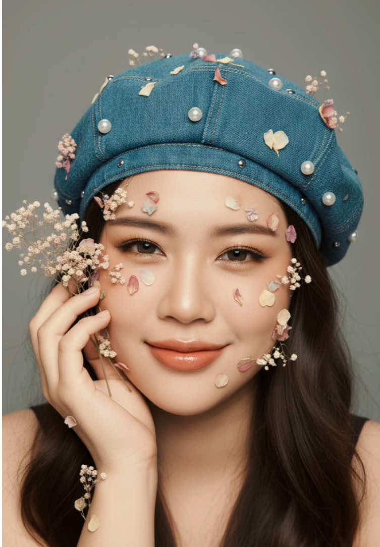 Gemini AI Prompt Step 1: Open Gemini AI Step 2: Upload your photo Step 3: Copy/paste below prompt  Ctto: msbambolbeeeee  👇👇👇👇👇 Prompt: Use facial feature of attached photo. A creative close-up portrait of a woman posing against a neutral grey background, styled with a soft, whimsical aesthetic. She wears a denim beret adorned with decorative pearls and small embellishments. Her long dark hair flows naturally and is intertwined with delicate dried flowers and colorful petals that also decorate her face and hands, creating a dreamy, botanical look. She has natural makeup with warm undertones, soft blush, and glossy lips, while playfully winking at the camera. The image highlights artistic expression through texture, color contrast, and floral composition, evoking a sense of springtime fantasy and youthful creativity. Scale Ratio:4:5  Camera Settings: Aperture: f/2.2 (for soft background blur and focus on facial detail) ISO: 200 (to preserve color accuracy and texture) Shutter Speed: 1/160s (to maintain crisp detail) Focal Length: 50mm Lighting: Soft diffused studio lighting for even illumination and gentle shadows #creatorsearchinsights #geminiai #fyp #fypシ #foryoupage 