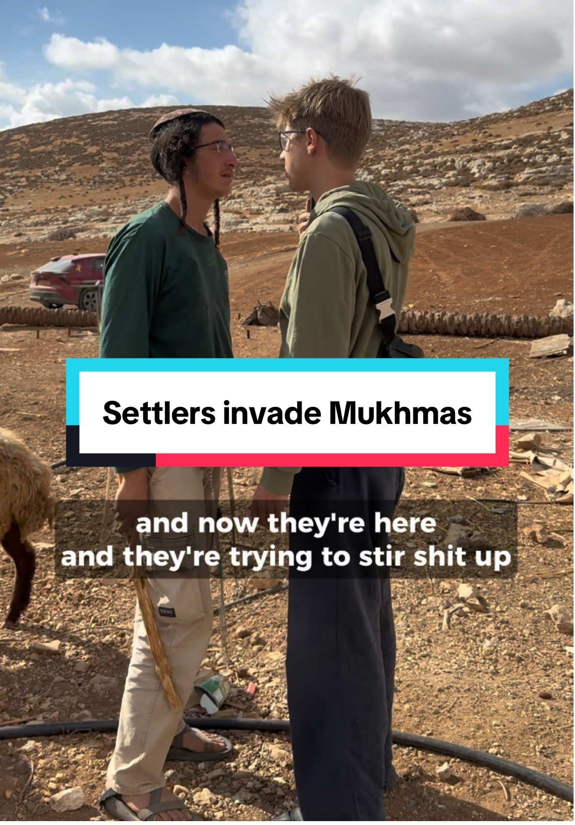 Today two settlers invaded the Palestinian community Mukhmas in the West Bank. They do this every day.