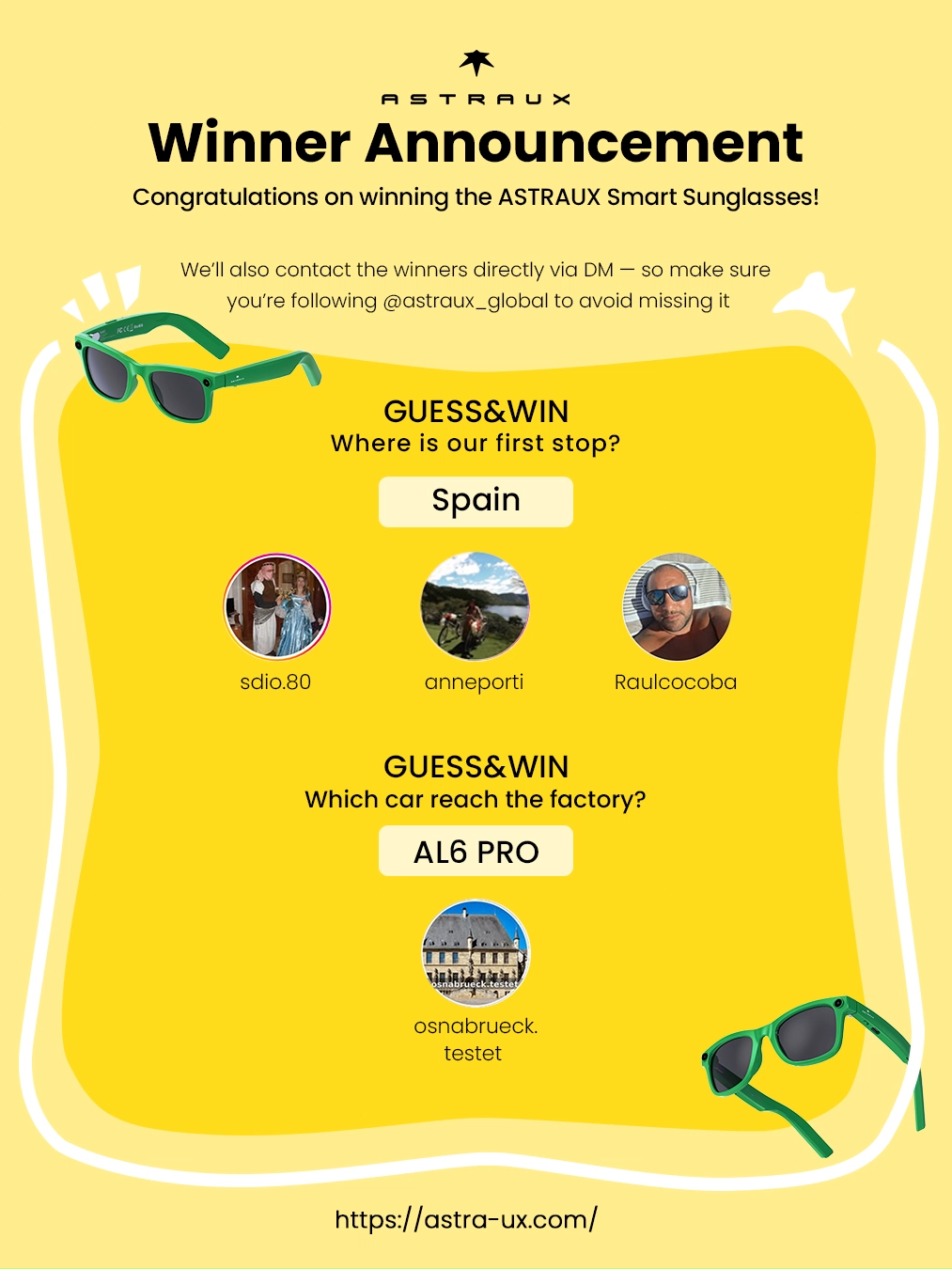 🎉 Congratulations to Our Winners! 🎉 A big shoutout to everyone who participated! Here are the lucky winners who made it this time: 🏆 [@sdio.80] 🏆 [@anneporti]            🏆 [@raulcocoba] 🏆 [@osnabrueck.testet] Thank you all for joining the fun—stay tuned for more exciting contests and giveaways! ✨ 🎊 Winners, don’t forget to check your DM! Keep an eye on @astraux.global — more fun events and giveaways are coming soon! 🔗 Learn more via the link in bio.  #ASTRAUX #SmartGlasses #TechWithStyle #FutureVision#ElectricVehicles #EVLife#DailyOutfit #StreetChic #FashionMood #AIGlasses #SmartGlasses#StreetStyleMeetsTech