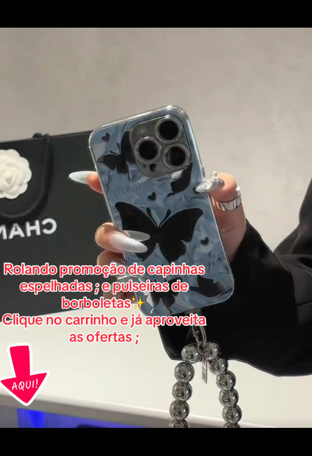 Capa para #celular Apple com espelho e pulseira com padrão borboleta, adequada para Apple série 11 12 13 14 15 16 completa  #capadecelular #promocaoacessorios #foryou #fyp 