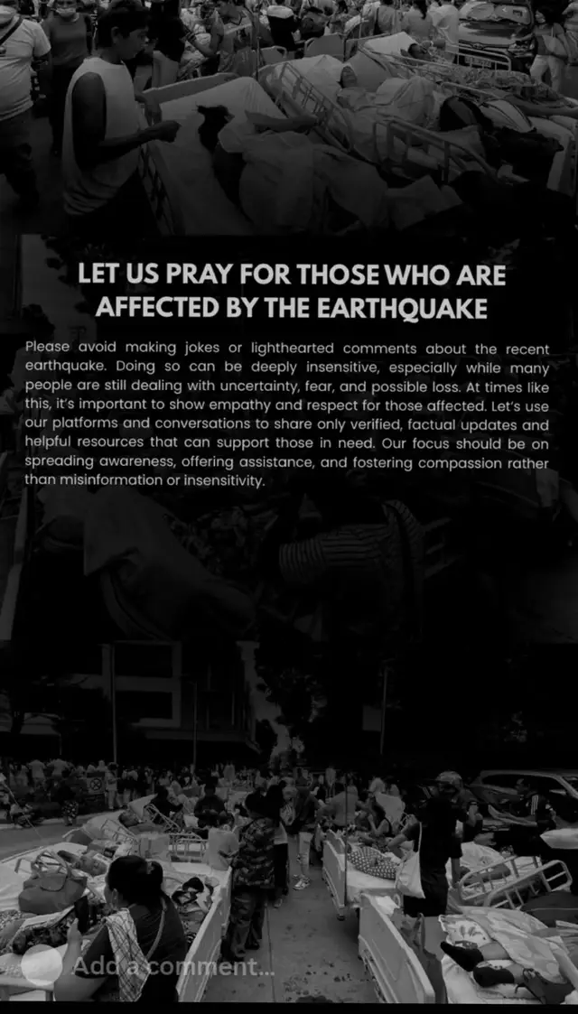 To everyone affected by the 7.6 earthquake, please stay safe. I know this is a difficult time for all of us, but let’s stay strong and keep our faith alive. We may be shaken, but our faith remains firm. God is with us, guiding and protecting us through every challenge. Let’s continue to pray and trust that everything will be okay!!:)) 🙏🏻 🤍🫂