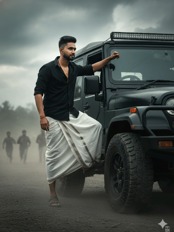#gemini #trending #ai  #prompt  Ultra realistic, high-resolution cinematic poster of a person stepping into a rugged black off-road jeep under a dramatic cloudy sky. He has short styled hair, Face with the face from the uploaded image, keeping the facial features exactly the same. He wears a half-sleeve black shirt with the sleeves rolled up, unbuttoned slightly at the chest, revealing a beaded chain around his neck. His lower attire is a traditional crisp white veshti/dhoti with a shiny silver border, folded up in a rugged style, adding to his bold presence. His arm rests on the jeep as he steps. The jeep is large, black, and detailed with thick tires and metallic parts. Dust rises in the background where faint silhouettes of people are running, adding tension and dynamism. The lighting is dramatic and moody, highlighting his figure with cinematic depth, shadows, and contrast. The entire atmosphere conveys strength, authority, cinematic ultra realism, Don't changed uploaded image face.