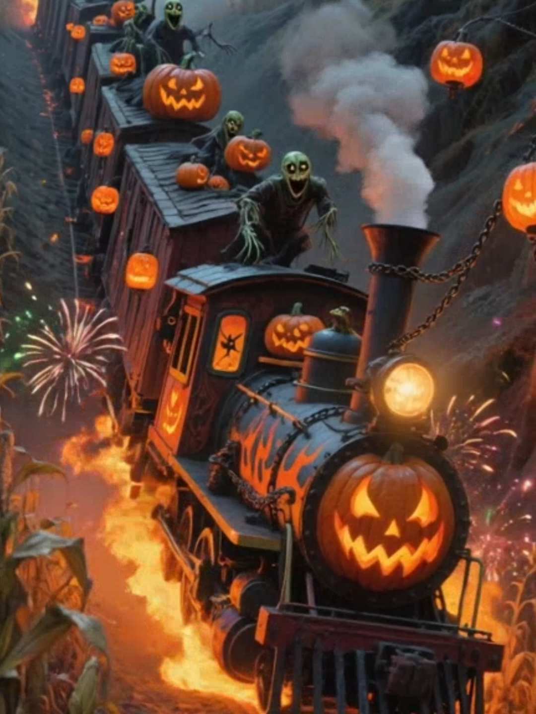 Halloween Wallpaper | All Aboard the Pumpkin Express 🎃🔥 #steamtrain #halloween #livewallpaper #halloweentrain #spookyseason #trickortreat #haunted #darkfantasy #halloweenmagic #aivideo #phonewallpaper