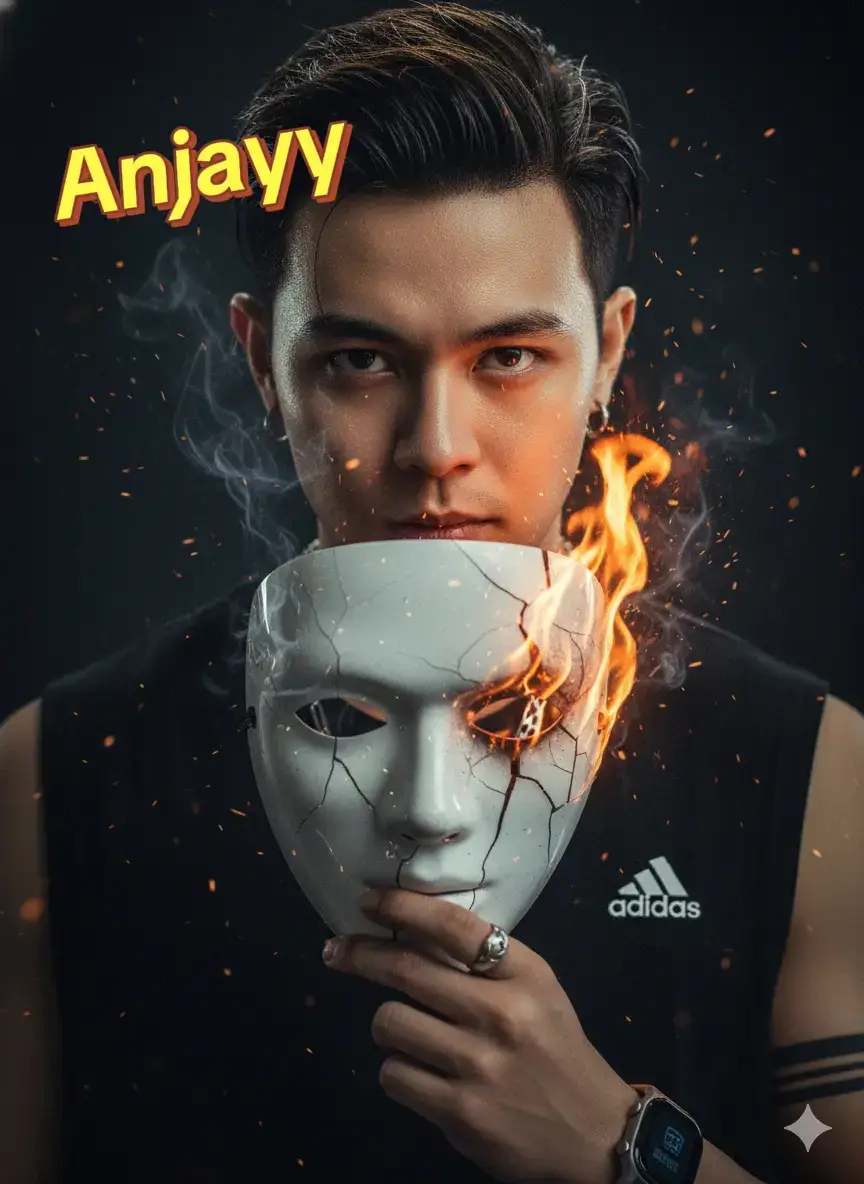 Close-up potret sinematik hiperrealis (rasio 9:16, ultra realistis, kualitas 8K). Gunakan 100% wajah asli dan potongan rambut asli dari foto referensi, tanpa mengubah bentuk wajah sedikit pun. Seorang pria dengan rambut basah menatap tajam dengan ekspresi penuh intensitas. Separuh wajah kanan tertutup topeng putih yang retak dan sebagian terbakar, menyala dengan api oranye terang dan bara pijar. Separuh wajah kiri terekspos, diterangi cahaya api sehingga menampilkan tekstur kulit bercahaya dengan detail tajam. Pantulan api tampak jelas di mata kiri, memperkuat kesan intens dan emosional. Bayangan dramatis menyelimuti sisi wajah lainnya, menciptakan kontras kuat. Partikel abu beterbangan di udara, asap tipis mengalir lembut di sekitar wajah. Efek film grain halus menambah kesan sinematik. Latar belakang gelap dengan pencahayaan redup, atmosfer misterius, intens, dan emosional — melambangkan dualitas, identitas, dan transformasi. Gaya visual sangat detail, dramatis, dan artistik. #promptgemini #promptgeminiai #skincareviral #promptaikeren 