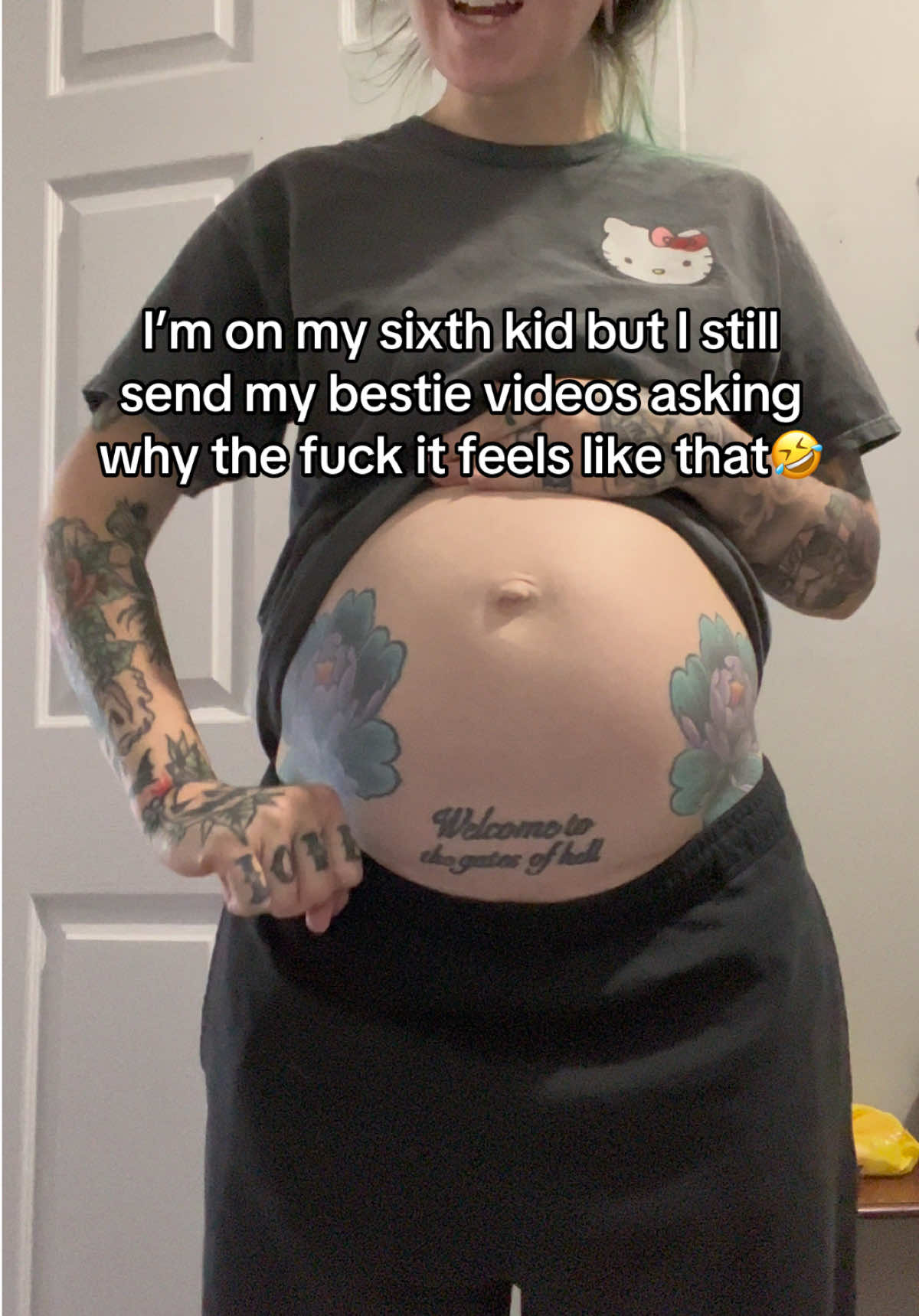 I’m not even kidding …. You can even ask her @Hayleyk3🖤 #pregnant #pregnancy #babynumber6  #elderemo #tattoo 