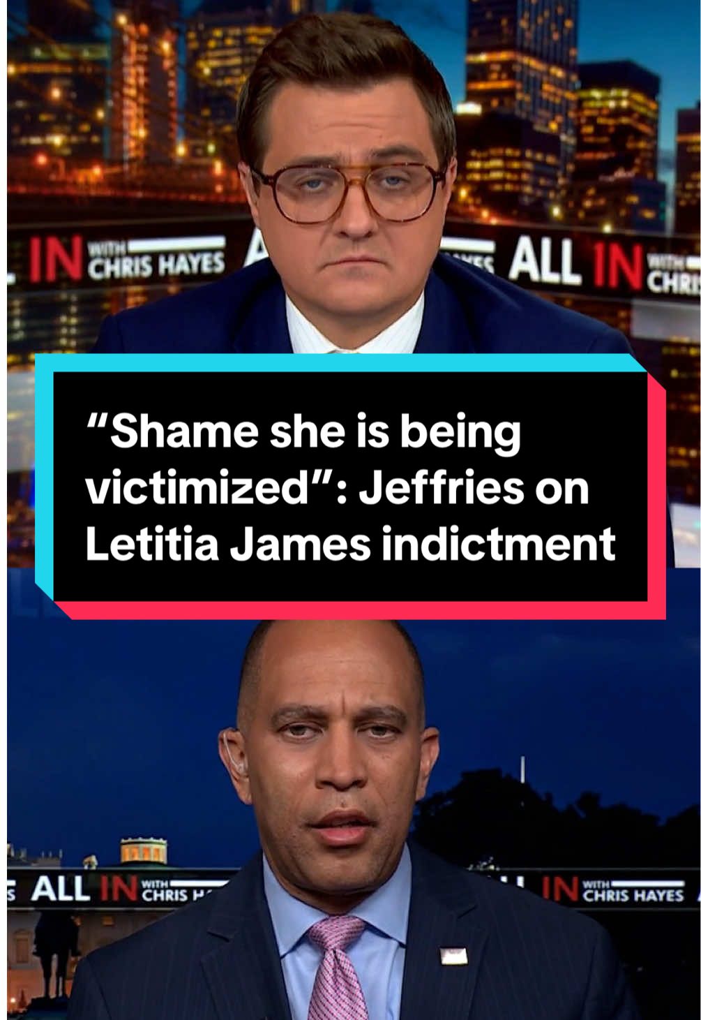 “It’s a shame that she’s being victimized in this way by Donald Trump and his corrupt Department of Justice.” House Minority Leader Hakeem Jeffries (D-N.Y.) joins @All In with Chris Hayes to discuss the indictment of NY Attorney General Letitia James on charges sought by President Donald Trump. #news  #trump  #politics 