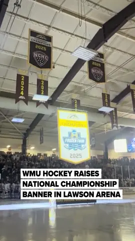 Western Michigan University’s first-ever national championship banner ascended into the rafters in Lawson Arena to a sold-out crowd of Bronco fans Thursday. WMU hockey's season opener ended with a 3-2 loss to Ferris State. Read more through the link in our bio. (Matthew Ehler | MLive)