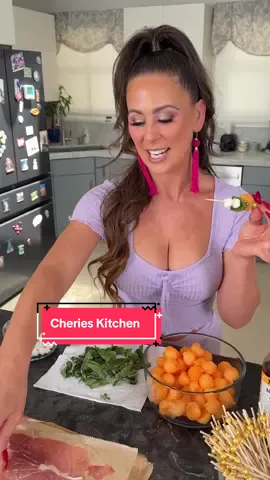 Welcome back to Cherie’s Kitchen! Today we’re making the perfect party app!! melon ball prosciutto skewers 🍈🥓 Sweet, salty, and the perfect bite-sized treat just like me 😉 #CheriesKitchen #StepmomSnacks #ProsciuttoPerfection