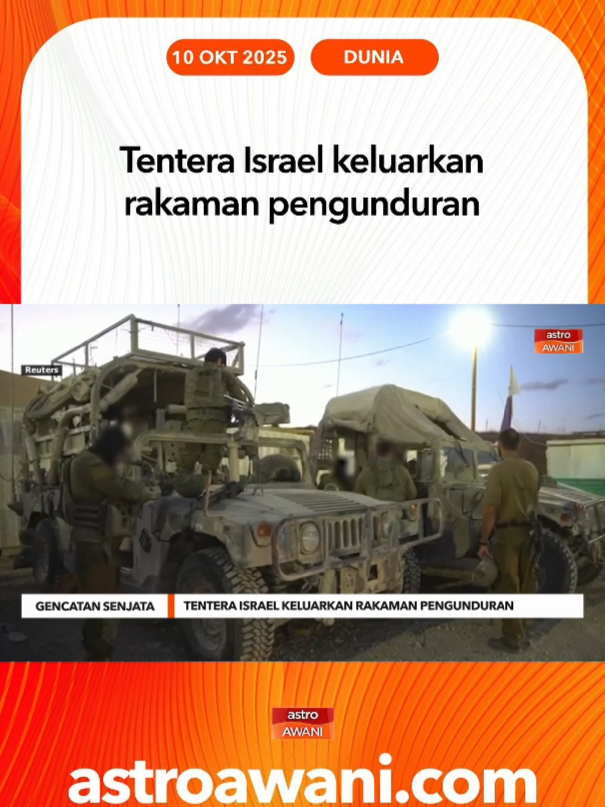 Tentera Israel mengeluarkan rakaman yang mendakwa mereka mula berundur dari Semenanjung Gaza susulan pengumuman gencatan senjata dengan Hamas. #AWANInews