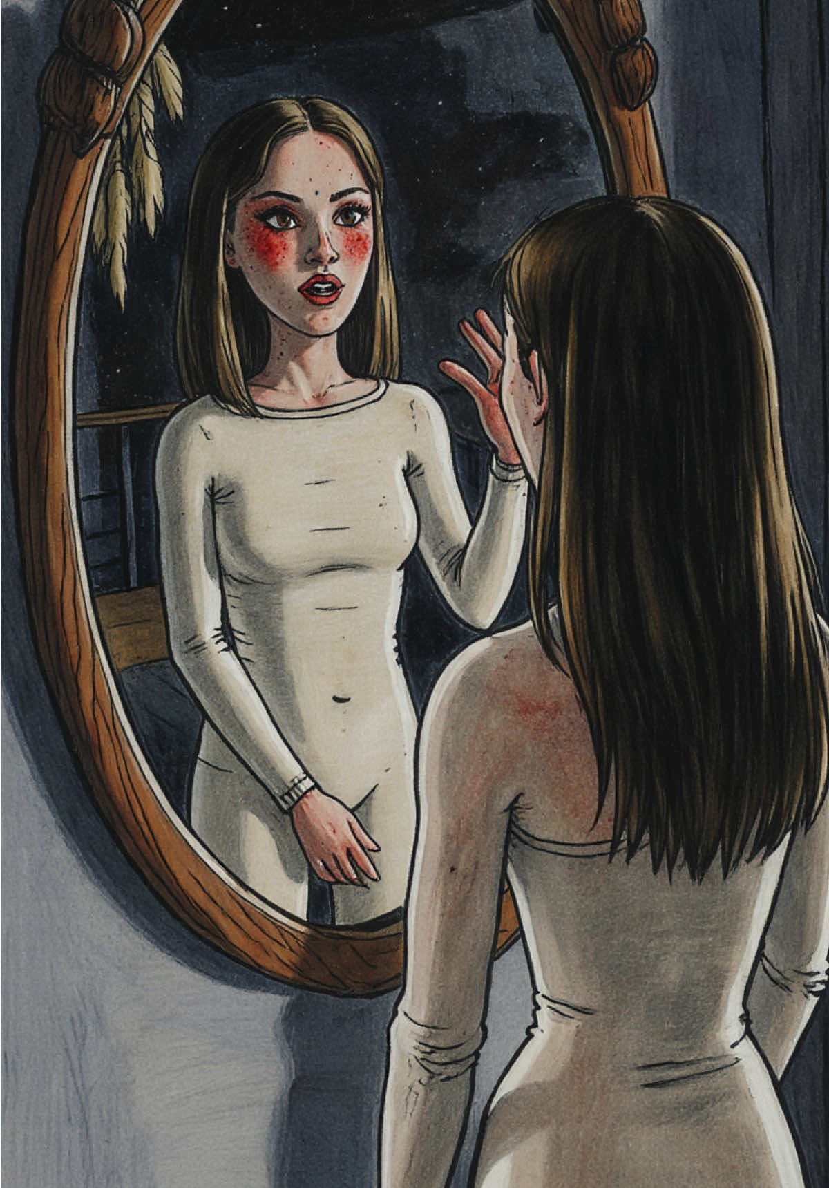 E se o seu espelho estivesse te observando enquanto você dorme? 👁️ Dizem que alguns refletem mais do que a sua imagem… 😨 #historiasdeterror #terrorreal 