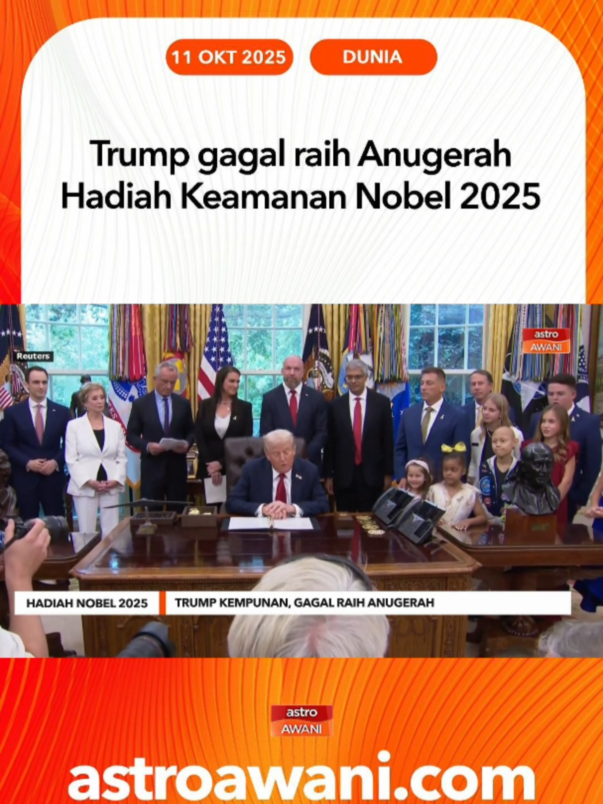 Presiden Amerika Syarikat, Donald Trump gagal meraih Hadiah Keamanan Nobel 2025. #AWANInews