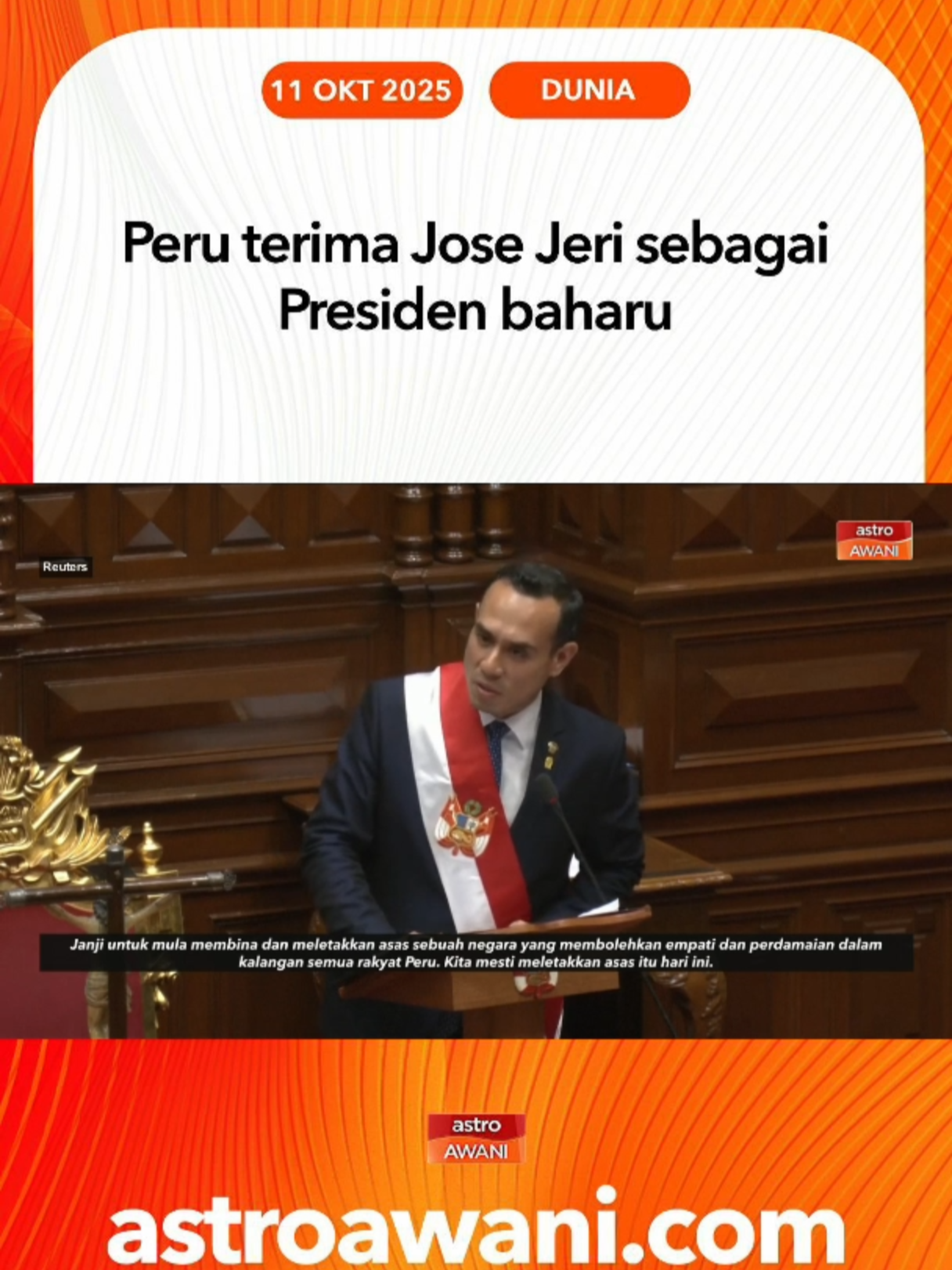 José Jerí kini presiden baharu Peru selepas beliau selesai mengangkat sumpah pada Jumaat (10 Oktober). #AWANInews