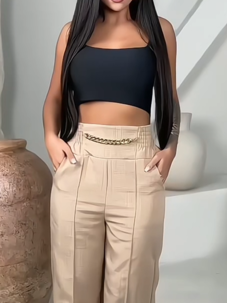 ID 👉 AMT-PZW-XFT 🚨Shopee  Calça Pantalona de Linho Com Cinto Fake Corrente Metálica Cintura Alta Bem Marcada e Bolso 🤍✨️Para acessar esse Look basta por o ID no buscador Shopee #calças #calçapantalona #calcalinho #calça #modafeminina 