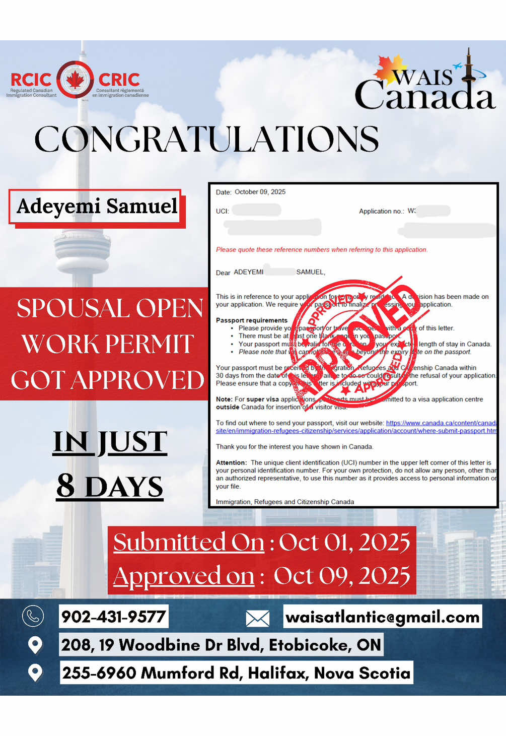 Congratulations to our client her Spousal Open Work Permit got approved within just 5 working days from outisde Canada.  #waishalifax #workpermit #nigeria #waisimmigration #canada🇨🇦 