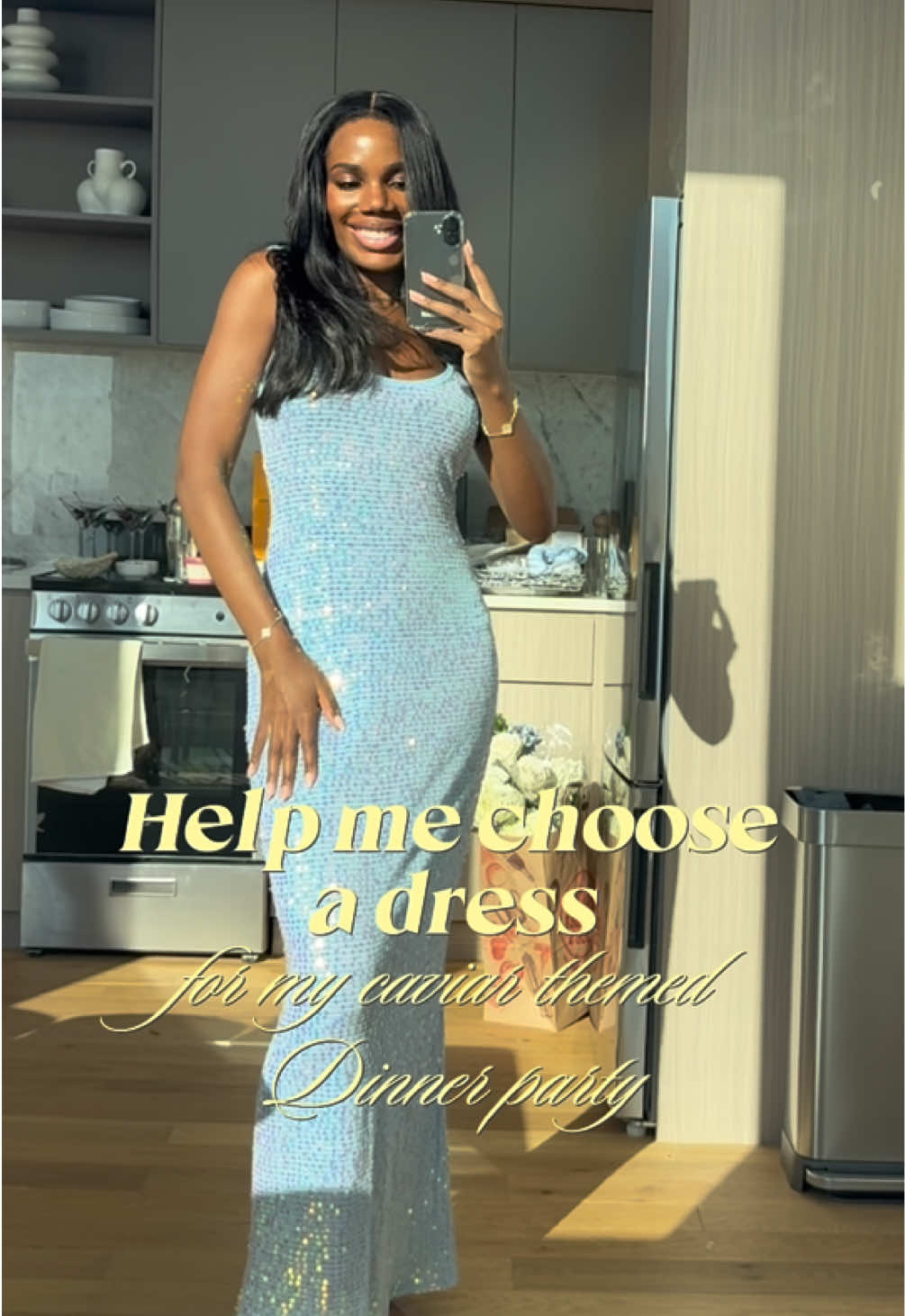 TikTok do your thing and help me pick dress option 1, 2 or 3 for my caviar themed dinner party 🐟🩵🐠 quick!! #hosting #host #dinnerparty #nyc #apartment 