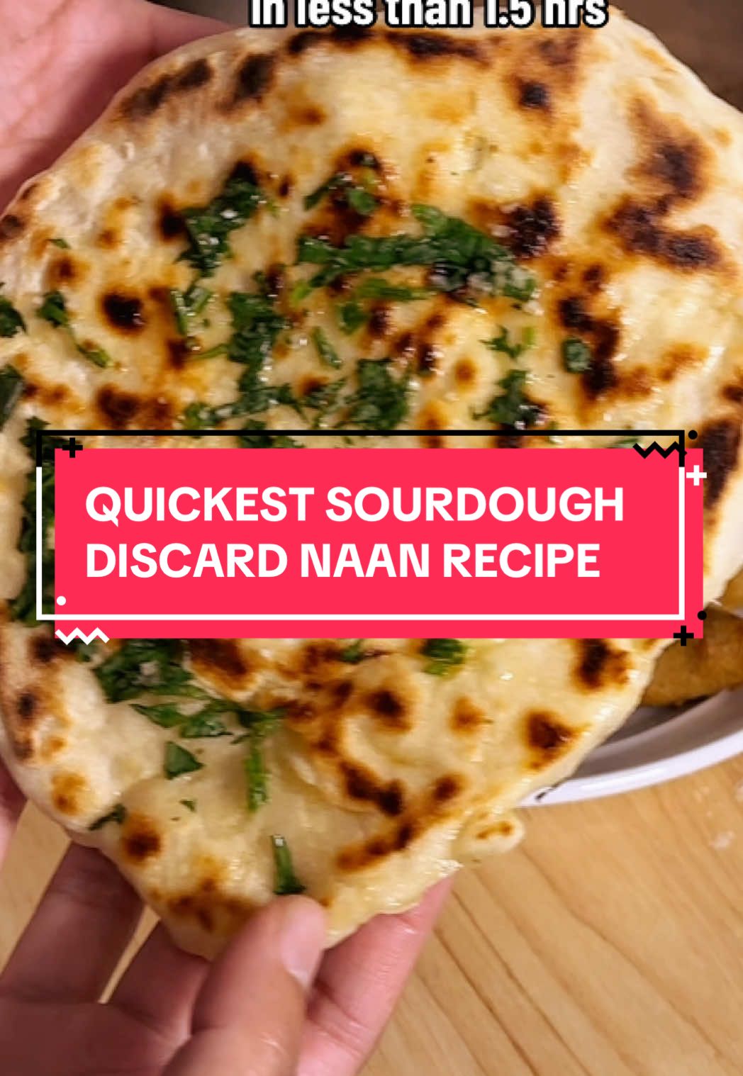 Quick Sourdough Discard Naan  My quick and flavorful twist on naan, made with sourdough discard. • 240g sourdough discard • 190 g all-purpose flour • 80ml water • 2 tosp olive oil • 1 tsp salt • 1 tsp sugar • ½ tsp baking powder • ¼ tsp baking soda 1. Mix Wet Ingredients In a large bowl, combine sourdough discard, water, and oil. 2. Add Dry Ingredients Stir in 1½ cups flour, salt, sugar, baking powder, and baking soda. Knead into a soft, slightly sticky dough, adding more flour if needed. 3. Rest Cover and let rest 30 minutes to 2 hours at room temp (longer = more flavor). 4. Shape Divide into 6 balls, cover, and rest for another 30 minutes. 5. Cook Heat a lightly greased skillet (cast iron works well) over medium-high. Cook each piece 1–2 mins per side until golden with bubbles. Brush with ghee and sprinkle with cilantro & salt if desired. #creatorsearchinsights #sourdoughdiscard #sourdough #sourdoughtok #sourdoughnaan 