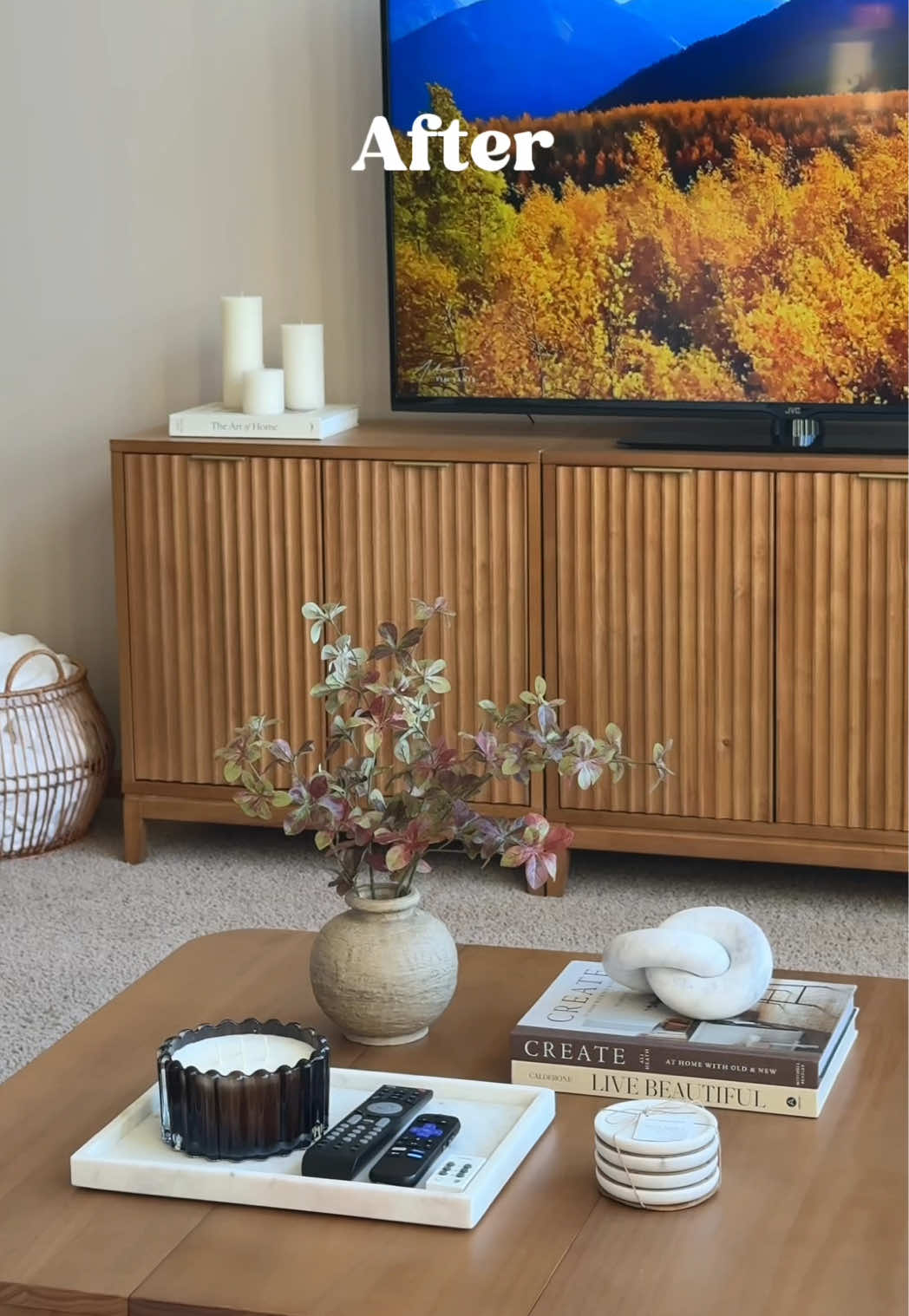 Wait for it… my in-laws living room transformation on a budget  🥰 Coffee Table and TV Stand in Living Room • • • tv stand, tv stand living room, living room decor, living room upgrade, home interior design, home improvement diy, home renovations, home renovations diy, 2000s home makeover, 2000s home remodel, 2000s home renovation, 2000s home improvement, 2000s home upgrades, budget home improvements, budget home renovation, budget house upgrades, renovation before and after #homedecor 