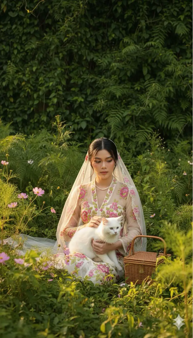 In blooms and silence, she found her peace. Thanks for the love, all you pretty girls 🌷 truly appreciate it 🤍✨ #gemini #geminiai #foryouu #kebaya #limegreen 