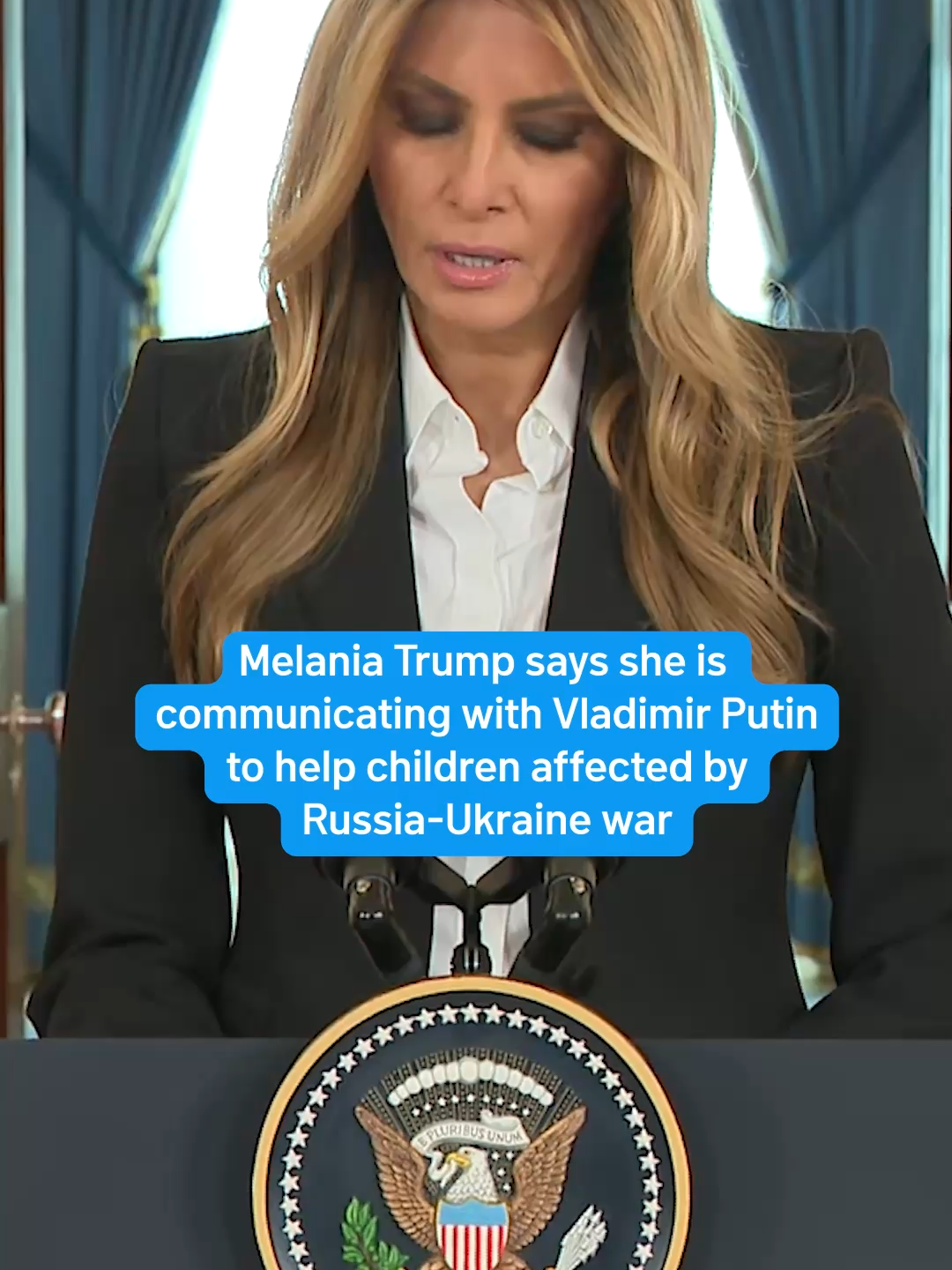 First lady Melania Trump says eight Ukrainian children have been reunited with their families after ongoing talks with Russian President Vladimir Putin. #melaniatrump #russia #ukraine