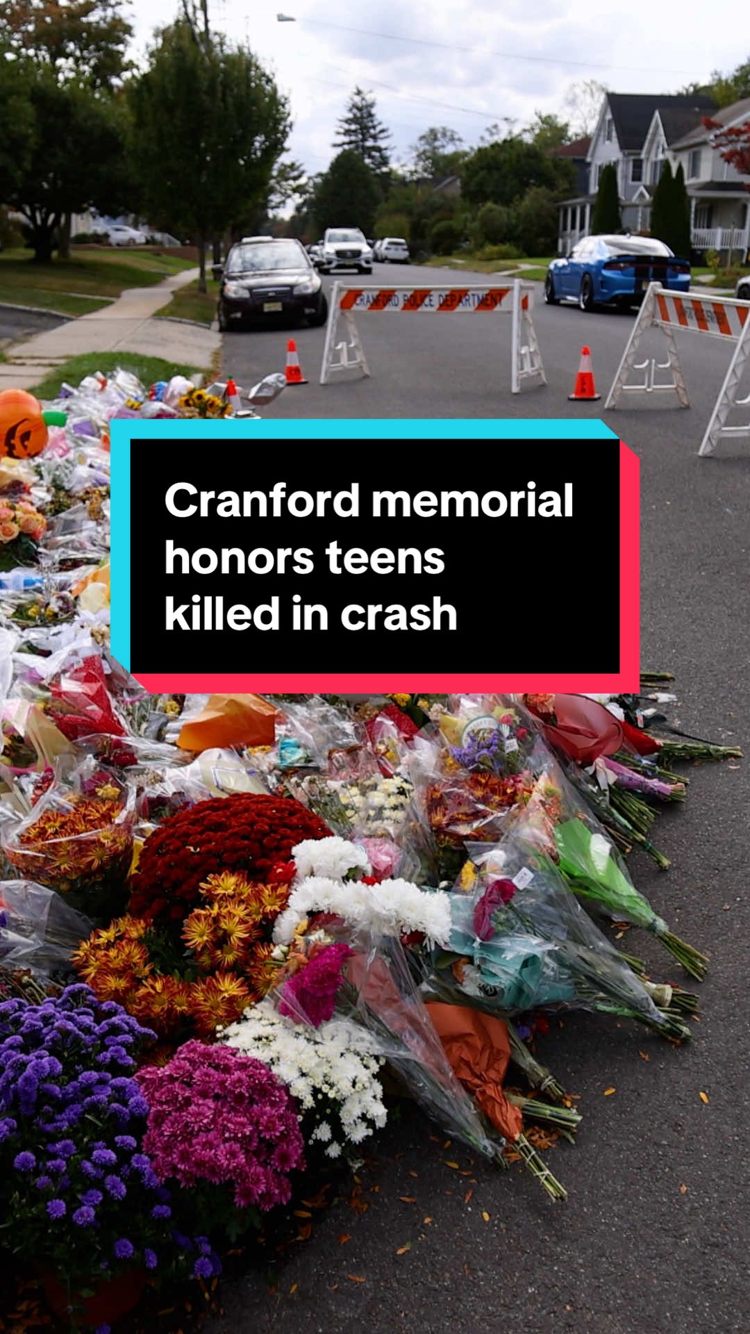 Mourners are still gathering at a curbside memorial for the two teenage girls hit and killed while riding an e-bike on Sept. 29 on Burnside Avenue in Cranford. A 17-year-old, Vincent Battiloro, is accused of intentionally hitting them and is facing 2 murder charges.  🎥 @andremalok #nj #newjersey #cranfordnj