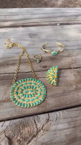Okay girls I need your help! Which earrings are you pairing with this??? Help! I love them both. Team crescent earrings or Team clusters?? 🤠😍  https://nizhonitradersllc.com/collections/the-golden-collection #nizhonitradersllc #handmadejewelry #turquoisejewelry #westernstyle #turquoise 
