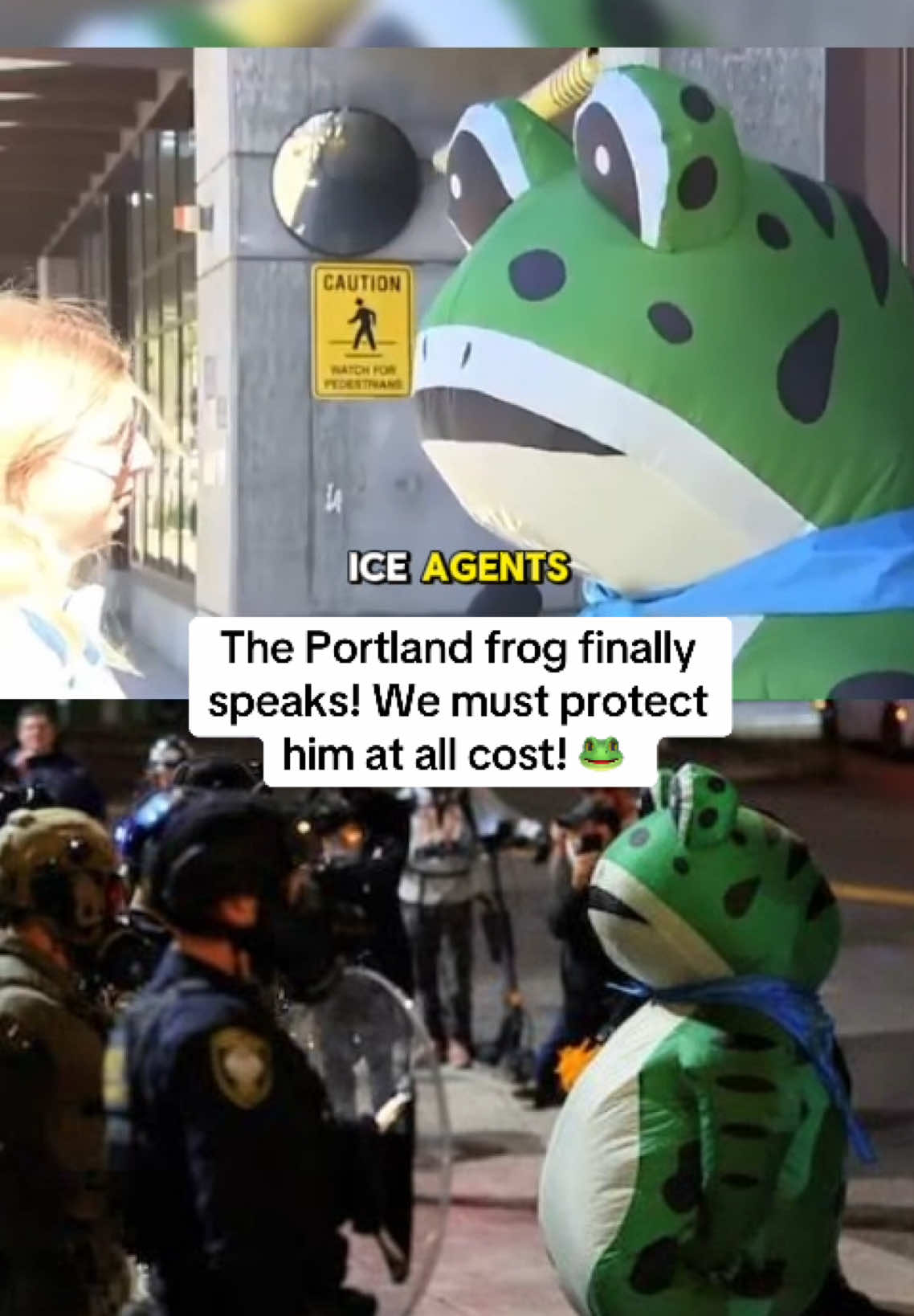 A protester in Portland named Seth Todd recently gained online attention for showing up at an ICE facility dressed in a full inflatable frog costume, causing viral moments of federal agents backing away or even spraying pepper spray at the costume’s air filter.   What began as one person’s bold visual statement has now snowballed into a broader movement—many Portlanders are now joining in, wearing animal-themed costumes from sharks to dinosaurs in solidarity and symbol of resistance.   Rather than scenes of violent confrontation, observers note that these costumed protests project a very different image of Portland than what national rhetoric has depicted.   The frog and accompanying costumes are more than theatrics—they’ve become new symbols in the ongoing protests against ICE and perceived governmental overreach, challenging narratives of chaos with creativity and symbolism.   Do you agree with the Portland frog? . . #por#portlandprotestr#portlandfrogo#protestse#icea#jeawokmedia