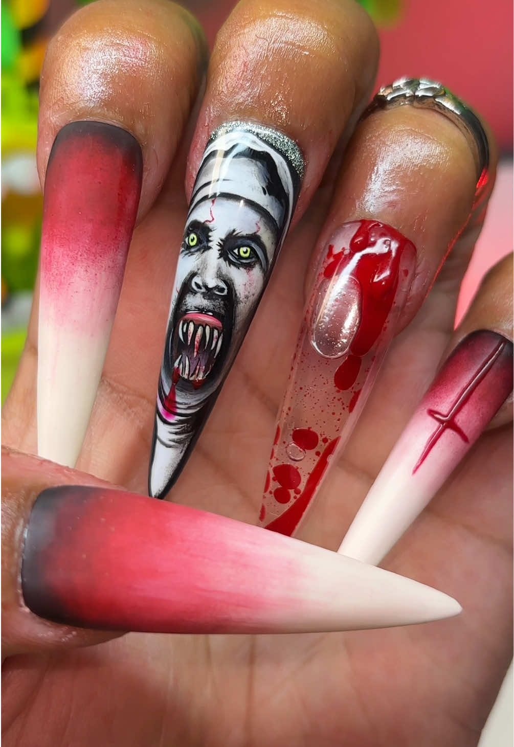 Confess your sins before these claws find you.. 🩸😈 The Nun nails! so creepy esp the holy blood aqua nail? 😱😳  Follow for more! Products from @LizRenayShop  -Total matte-ness top coat -Slime brushes: Slime fix, Paint monster, ooze away brush 🧪 Code “slime” to save! • • • #thenun #halloweennails #thenunnails #aquanails #horrornails 