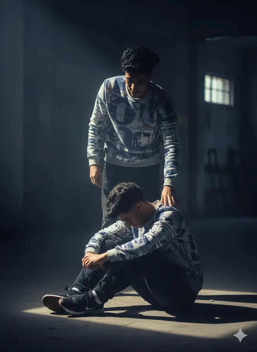 #ĚŁMØŘ❤️😉 ‏@Ahmed Abd Elhamid:Ultra realistic cinematic photo of a young Egyptian man sitting on the ground in a dark moody room, looking broken and sad, with another version of himself standing beside him offering comfort, touching his shoulder softly. Dramatic lighting from one side, creating strong emotional shadows and highlights, dust particles visible in the air, realistic emotional facial expressions, detailed textures of skin and clothes, cinematic color grading (cold blue and warm light contrast), 8K resolution. Realistic proportions, natural body poses, no distortion, no duplicate errors, no cartoon style. Negative prompt: extra limbs, unrealistic reflections, blurred face, watermark, text, low quality.