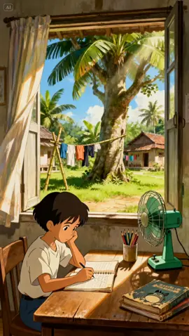 Suasana belajar di kampung yang penuh kenangan 📖🌾 Angin sore masuk lewat jendela, kipas jadul berputar pelan, dan suara burung di luar rumah. Rasanya damai, sederhana, tapi bikin rindu banget 🕊️☀️ #nostalgia #kampungindonesia #anakanakdesa #jadulvibes #masaindah 