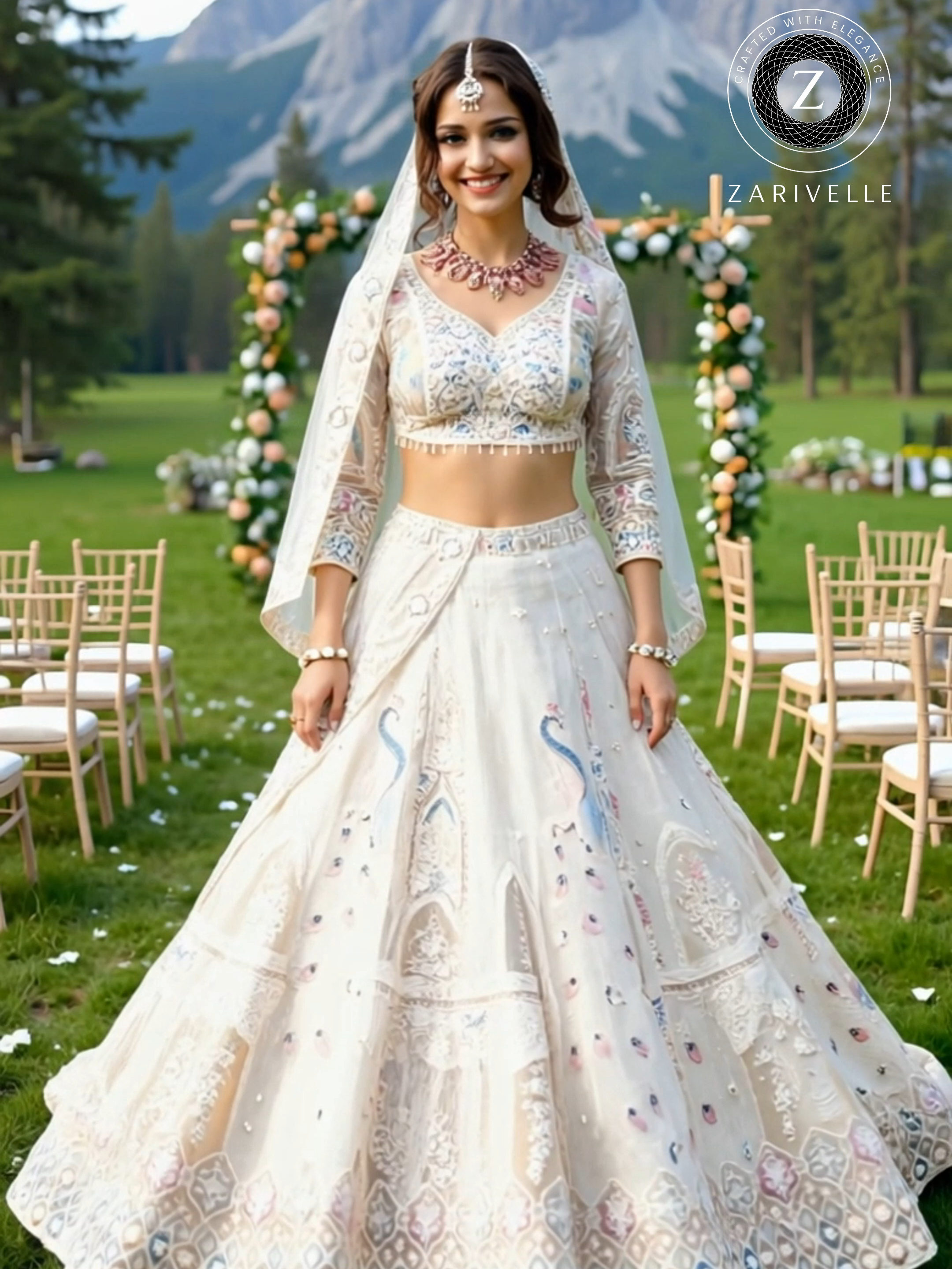 Grace in its purest form 🤍✨ Our White Embroidered Premium Net Lehenga captures bridal serenity with intricate threadwork, pastel accents, and a flowy silhouette that moves like poetry. Perfect for engagement, reception, or a dreamy destination wedding. #zarivelle #whitelehenga #bridalwear #indianbride #weddingstyle #bridallehenga #indianweddingoutfit  #southasianbride