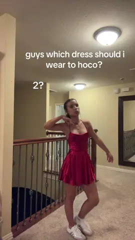 which dress i literally can’t decide!! please for your opinion but stay positive! #dress #hoco #pink #red #inspo 