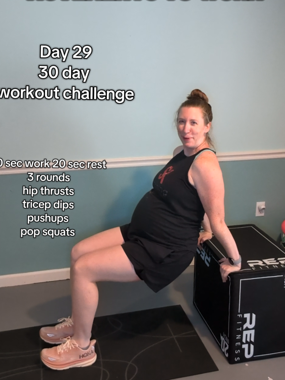 Day 29 - 30 day workout challenge Bodyweight workouts are great for when we're travelling or for a week when we've had some intense workouts. 3 rounds of timed movement. 40 sec on 20 sec rest.  reminders: 💪legs closer to your body on the tricep dips makes this movement a little less strenuous, straighten those legs out for an added challenge 🦵pop squats can be intense for the pelvic floor- if you're feeling heaviness, experiencing lower back discomfort, urinary leakage... remove the impact and take the movement to a step out vs a hop out #pregnancyfitness #thirdtrimester #30dayworkoutchallenge 