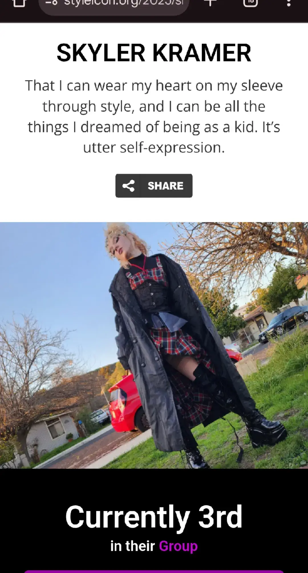 ⭐️ Update on the STYLE ICON companion!!! ⭐️ Im third in my group thanks to all you amazing people and inching closer every vote! I have 6 more days to go to get to first and get to the next round.❤️🖤❤️🖤 🙏 Thank you for already getting me this far, and I ask for your help to get me to the top.  ✨️ LINK IN BIO ✨️ - One free vote every day. - Say you would like to buy some votes, $1 = 1 Vote  the proceeds made from the donation goes straight into the Elton John foundation! 🫶🩷Regardless of whether it's 1 vote,  20 votes, or  just your support, know I appreciate you!!!🩷🫶 . . . . . . . . .   #styleicon #EltonJohnfoundation  #style  #fashion  #altgirl     @officialstyleicon