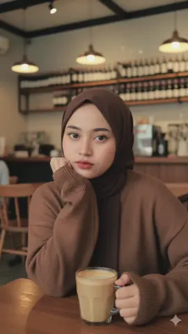 Potret mode ultra fotorealistik dari wanita yang sama dari foto referensi, identitas terkunci (jangan mengubah fitur wajah). Seorang wanita muda duduk di meja kayu yang nyaman di kafe bernuansa hangat, memegang segelas kopi di depannya. Dia mengenakan sweter wol cokelat lembut dan kebesaran dengan lengan panjang yang menutupi sebagian tangannya. Memakai jilbab wrna wol coklat, dia meletakkan dagunya dengan lembut di tangannya, menciptakan pose yang santai dan bijaksana. Kamera menangkapnya dari depan setinggi mata, fokus pada wajah dan tubuh bagian atasnya. Ekspresinya tenang namun menarik secara halus, dengan bibir merah sedikit mengerucut dan mata lembut dan menawan yang menatap langsung ke kamera. Pencahayaannya alami dan menyebar, memancarkan cahaya lembut dan hangat di sekelilingnya. Latar belakang menunjukkan interior kafe yang bergaya dengan rak botol anggur, lampu gantung yang hangat, perabotan kayu, dan suasana yang nyaman. Seluruh pemandangan terasa intim, alami, dan terang benderang, dengan estetika yang hangat dan mengundang. Ultra realistis, fotorealistik, rasio aspek 9: 16, resolusi 8K, mahakarya.