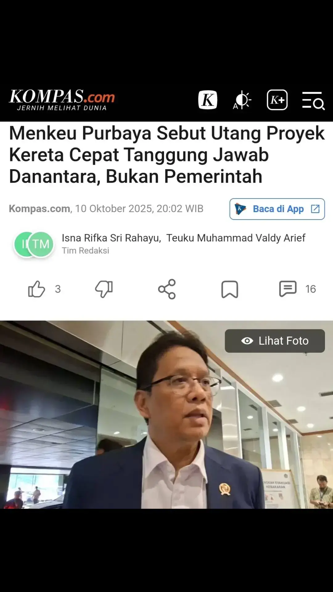 BOGOR, KOMPAS.com – Menteri Keuangan Purbaya Yudhi Sadewa menegaskan pemerintah tidak menanggung utang proyek Kereta Cepat Jakarta–Bandung (KCJB). Proyek yang dijalankan PT Kereta Cepat Indonesia China (KCIC) kini berada di bawah Badan Pengelola Investasi Daya Anagata Nusantara (BPI Danantara). Karena itu, tanggung jawab penyelesaian utang berada di tangan Danantara. KCIC merupakan perusahaan konsorsium antara BUMN Indonesia di bawah PT Pilar Sinergi BUMN Indonesia (PSBI) dan konsorsium China di bawah Beijing Yawan HSR Co Ltd. Pemimpin konsorsium PSBI adalah PT Kereta Api Indonesia (Persero) atau KAI. Saat ini KAI sudah berada di bawah naungan Danantara bersama sejumlah BUMN lainnya. 