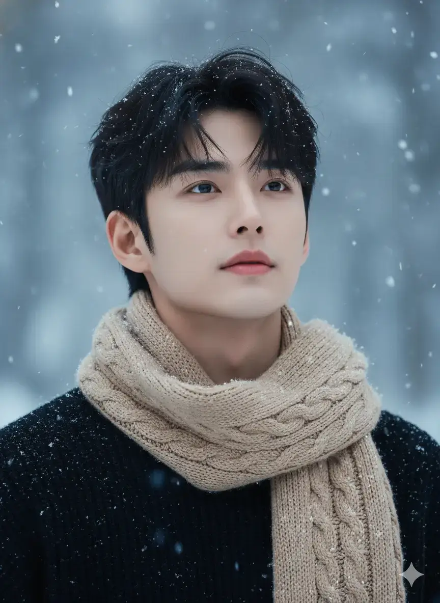 1. Open Gemini 📲 2. Upload photo:📸 3. Paste reminder:👇 A cinematic portrait of a young man outdoors in gentle snowfall, gazing slightly upward with a serene expression. His short black hair falls naturally, with delicate snowflakes resting on it. He wears a black wool coat and a warm beige scarf. The snowy background is softly blurred in cool tones of blue and white, illuminated by gentle natural light that highlights his face. Realistic, highly detailed, with a shallow depth of field, evoking a dreamy winter atmosphere.#aisieu #aiart #photo #gemini #fyp 