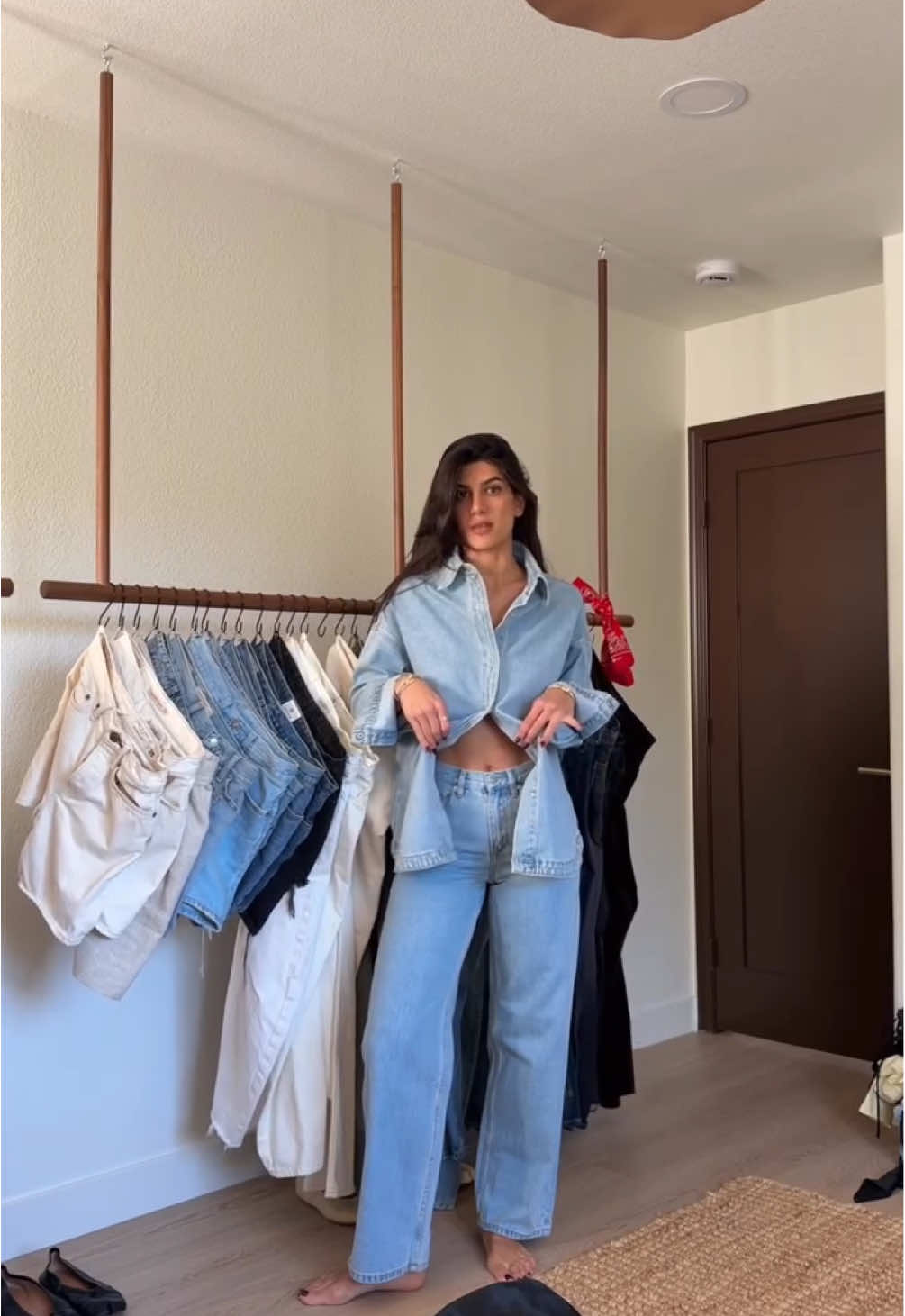 @mananamariee wearing pieces from the MESHKI Denim Shop. Available online now. #MESHKI #denim #jeans #denimjeans #matchingset 
