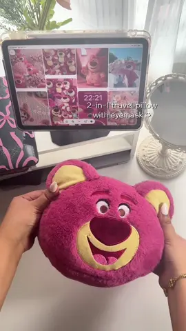 Sweet dreams, but make it Lotso 🍓💤 Perfect 2-in-1 travel buddy — comfy pillow + cute eyemask in one 💕  Comes in different designs din 😍 #travelpillow #travelessentials #cutepillow #nappillow #giftidea