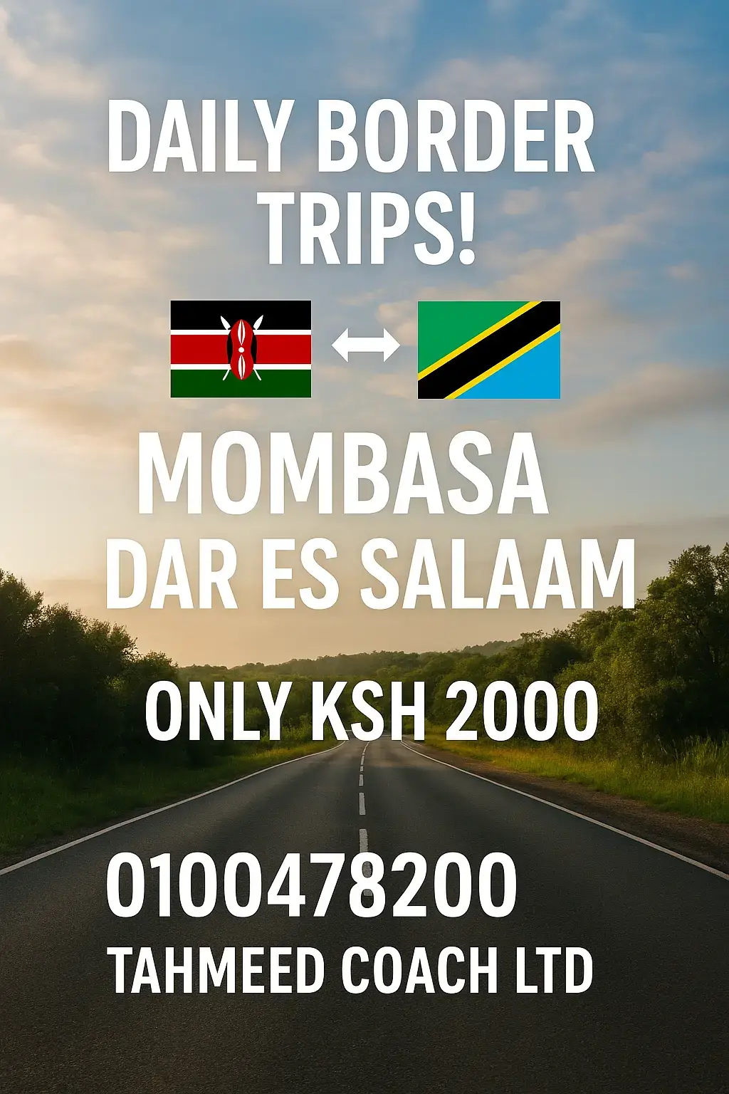 🌍 Mambo vipi wadau? 🚍 Njoo tuvuke border pamoja! Did you know we have daily trips from Mombasa 🇰🇪 to Dar es Salaam 🇹🇿 — and back? ✨ Now that you know… join us as we help you create unforgettable memories across borders! 💰 Fare: Only Ksh 2000 📞 Customer Care Hotline: 0100478200 #MombasaToDar #BorderAdventures #TravelWithUs #EastAfricaVibes #ExploreMore 