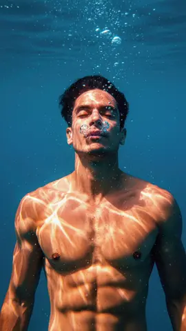 Create a portrait of a man underwater, his shirtless body revealing his athletic pecs and abs. His head is tilted upward, his eyes closed, with a peaceful expression, as if experiencing the freedom beneath the surface. Air bubbles escape from his mouth and nose, rising to the surface. Setting & Atmosphere: Underwater setting, with sunlight from the surface penetrating the water, creating a shimmering effect on his skin and the deep blue background. Particles and light refractions are visible around his body, adding to the drama. Lighting: Natural light from the sea surface creates a pattern of reflections on his body and face, creating an artistic effect. Camera & Composition: Close-up medium underwater shot with the camera angled slightly downward, focusing on the upturned facial expression and the play of light on his body. Image Quality: Ultra high resolution 8K, cinematic underwater photography, realistic, sharp details of skin, water, light, and bubbles, without noise. 1 #promptgemini #fyp #ai #gemini #catrinachallengetiktokshop 