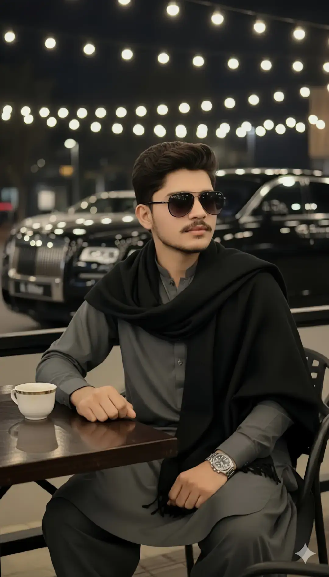 Full-body ultra-realistic portrait of the same young man (use reference face and hairstyle) A handsome Pakistani man in his 20s, wearing a dark gray shalwar kameez and a black shawl, sits confidently at an outdoor cafe table. He has a stylish beard, dark hair, and is wearing sunglasses. In the background, a white car is parked, and string lights are visible, creating a sophisticated and urban atmosphere. He is looking to the side with a calm, composed expression. The photo is well-lit and highlights his modern, elegant style.  #gamini #fyp #foryou #foryoupage #treading 