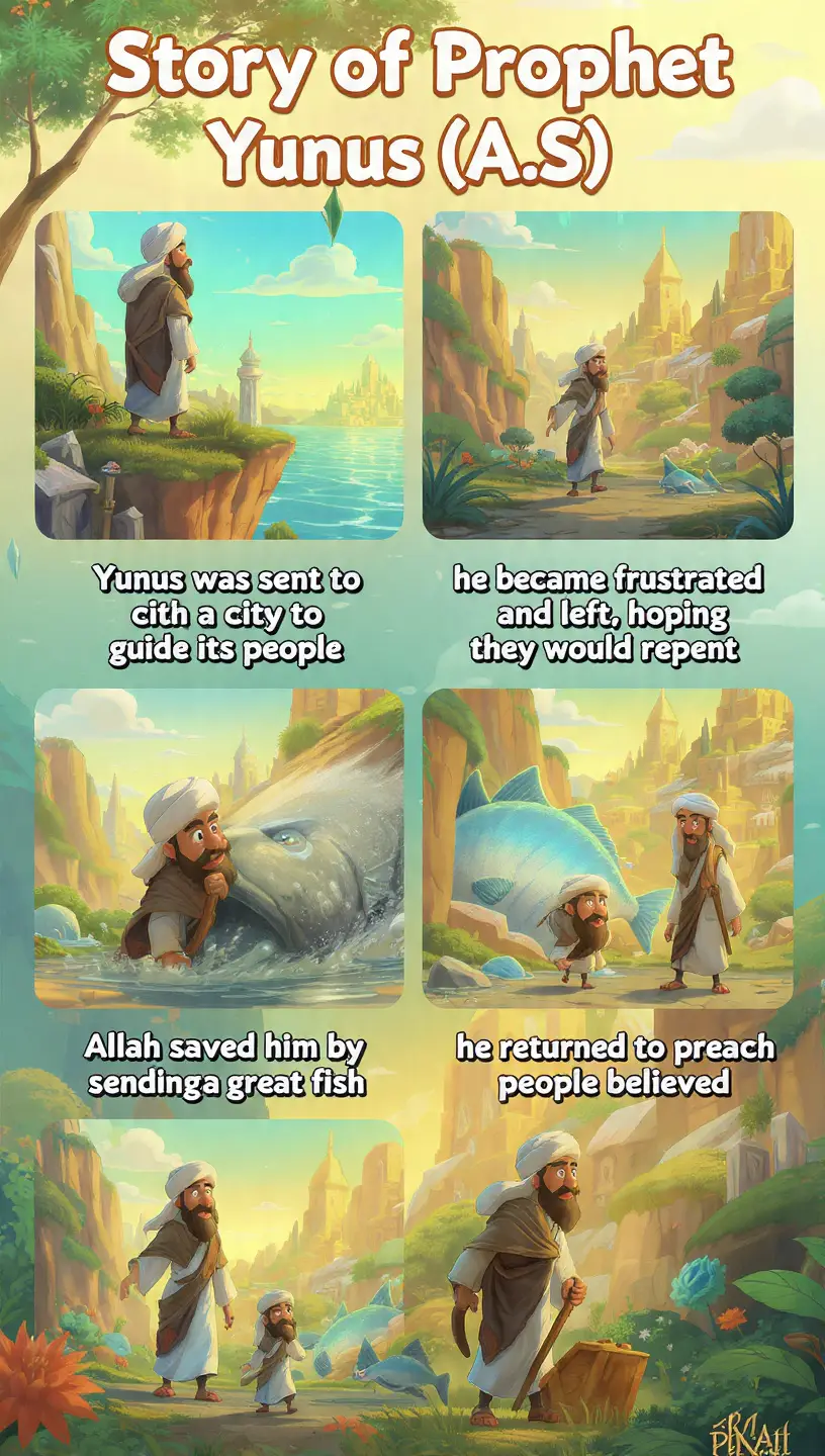 The story of Prophet Yunus (A.S.), also known as Jonah, is one of patience, repentance, and the endless mercy of Allah. He was sent to guide the people of Nineveh, who had turned away from the worship of Allah. When they refused to listen, Yunus (A.S.) left in anger, thinking his duty was done — but Allah had a greater lesson for him. He was swallowed by a giant fish in the depths of the sea — a place of total darkness, isolation, and reflection. Inside the whale, Yunus (A.S.) realized his mistake and sincerely called out: > “La ilaha illa Anta, Subhanaka, inni kuntu minaz-zalimeen” (There is no deity except You; glory be to You, indeed I have been among the wrongdoers). His heartfelt repentance was accepted, and Allah rescued him, showing that His mercy is greater than any sin. The story of Yunus (A.S.) reminds us that no matter how deep we fall, Allah’s mercy can always reach us. Never lose hope — seek forgiveness, stay patient, and trust Allah’s plan. 💫 #viral #fyp #IslamicStories #Patience #prophetyunus 