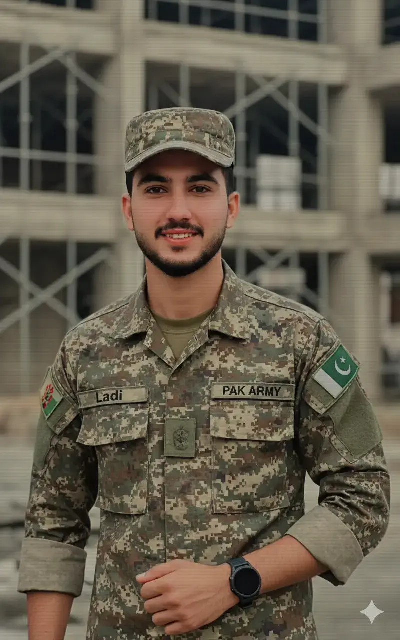Face must be 100% identical to reference image, no change in features or identity. A young boy with a trimmed beard, standing upright wearing a digital **Cabofalg military and style jacket with the Pakistani flag logo on his shoulder and a military cap. - Wearing an Smart watch and. 