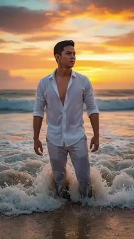 Gemini AI PROMPT: 1. Open Gemini App/Website 2. Upload Your Photo 3. Copy & Paste this prompt: A man (use my face as a reference). A handsome man standing in the ocean with waves crashing around him, wearing an open brown shirt and white pants, his shirt slightly unbuttoned, revealing his chest, looking confidently to the side. A beautiful, dramatic sunset sky with hues of orange, yellow, and blue reflecting off the water is a cinematic, ultra-realistic beach scene with plenty of detail, a melancholic atmosphere, and an aesthetic. #gemini #prompt #aesthetic #photography #ai