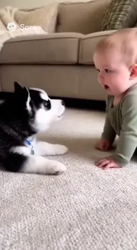 I'm curious about the conversation between the husky puppy and the baby!🐶👶 #dog #baby #siberianhusky 