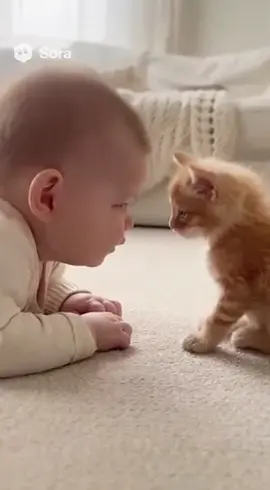 言葉はまだ話せないけど、 ちゃんと気持ちは通じてるみたい🐾 小さな声で「にゃっ」って返してるのが愛おしい🥹💞 #赤ちゃんとねこ #AI動画 #癒しの時間 #nikkoto_baby #sora2 