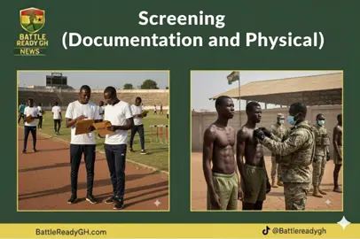 Stage 2: Screening (Documentation and Physical), a mandatory step in the application process. This stage is a dual-process designed to verify both your administrative eligibility and your physical suitability. Communication and Attire: Applicants will be notified of the screening venue and time via a text message, which will be specific to the region selected during the initial online application. The prescribed attire for the screening is a white T-shirt, a tracksuit, and running shoes, with a strict recommendation to avoid wearing slippers. This suggests an expectation of some form of physical activity or movement during the process. Documentation Screening: The documentation component is a rigorous check for consistency and validity. The core purpose is to ensure that critical personal information—specifically your name, date of birth, and achieved grades—is identical across all presented documents and matches the data submitted in your online application. The normally required documents include: • Basic Certificate (BECE) • West African Senior School Certificate (WASSCE/WASI) • University Certificate (if applicable) • Birth Certificate • A Ghana Card might also be requested for identity verification. Crucially, applicants are advised to only present the certificates that have been explicitly requested, streamlining the process. Physical Screening: The physical screening is a medical and visual examination to ascertain the applicant's physical condition and adherence to specific standards. This part of the screening will actively check for: • Tattoos, piercings, and surgical marks: These are likely assessed for their location, size, and nature, as some organizations have strict policies regarding body modifications. • Abnormalities: The examination specifically looks for issues in the spinal area (which could affect posture or ability to perform physical tasks) and the dental arrangement. • Specific Medical Issues: Conditions such as an umbilical hernia are checked for, which could be a disqualifying factor if severe or untreated. To facilitate the thoroughness of this physical check, applicants are advised on specific undergarments that may require partial exposure: males must wear neat boxer shorts, and females should wear a sporty bra. This instruction underscores the comprehensive nature of the physical examination. In summary, Stage 2 is a gate-keeping mechanism that ensures only applicants who meet both the necessary academic/documentation requirements and the requisite physical standards proceed further in the selection process.#ghanaarmy #roadto50k #2025Gafrecruitment #40k #military 